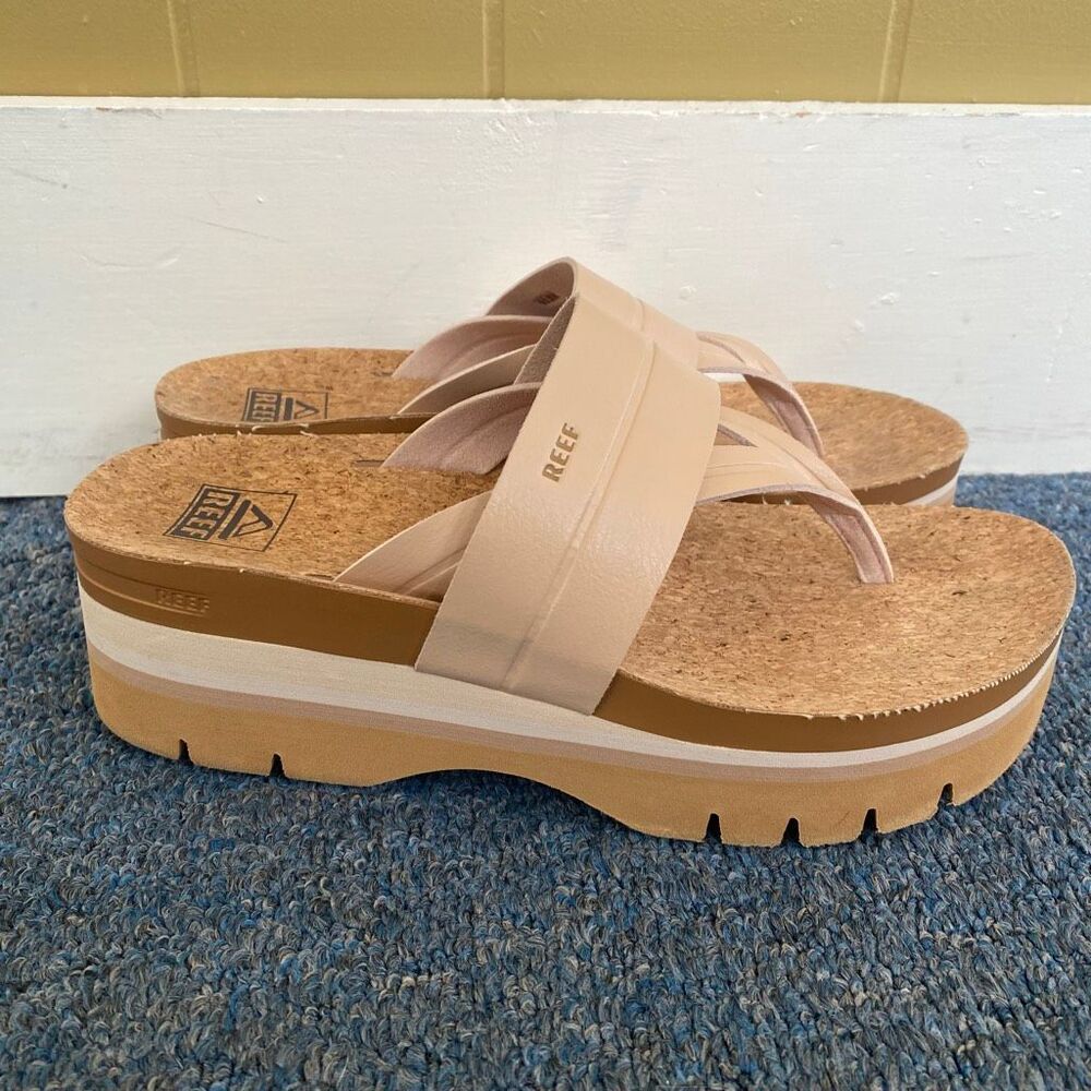 Reef women 8 t-strap slip on cork insole w/arch supports platform sandal